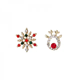 Christmas Snowflake Reindeer Stud Earrings, Gold Plated Alloy with Red Green Rhinestone, Asymmetric Holiday Party Earrings for Women, 1.8x1.2cm Pair