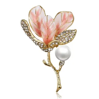 Pink Hibiscus Flower Brooch with Pearl & Rhinestones, Enamel Plant Brooch, Vintage French Style Gold-Plated Alloy Pin for Women, Wedding & Blazer Accessory