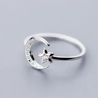 Moon Star Zircon Adjustable Ring for Women, White Gold Plated Open Band, Five-Point Star & Crescent Moon Sparkle Ring, Copper + Cubic Zirconia
