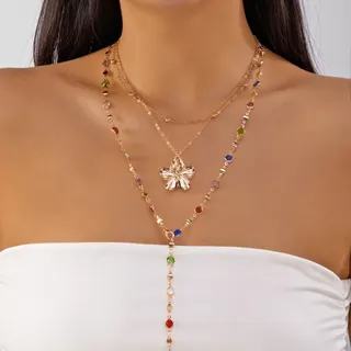 Gold Flower Layered Necklace Set for Women - Alloy Double Chain Pendant Necklace, 36+5cm, Hypoallergenic Tarnish-Resistant, 1 Set