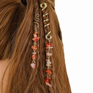 Bohemian Braided Hair Chain with Natural Stone Beads, Gold Spiral Wrap Hair Rope, Orange Agate Dangling Hair Accessory Set of 2