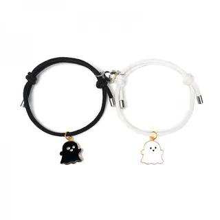 Magnetic Attraction Halloween Couple Bracelet - Black & White Ghost Charm, Adjustable Braided Cord 14-26cm, Alloy Enamel, Funny Matching Pair Gift