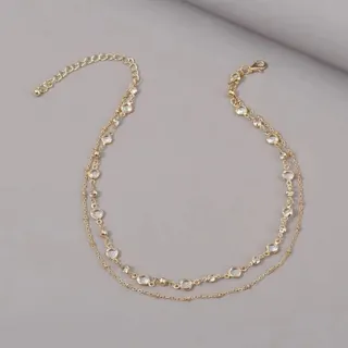 Double Layer Collarbone Necklace, Transparent Glass Stone Micro-Set, 18K Gold Plated Alloy Layered Chain with Extender, 35+7cm Women's Jewelry