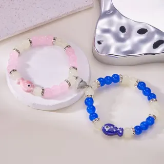 Glow-in-the-Dark Magnetic Fish Couple Bracelet, Blue & Pink Macaron Glass Bead Bracelet with Ceramic Fish Charm, 18cm Pair Set