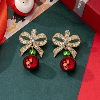 Christmas Red Bead Rhinestone Earrings - Gold-Plated Alloy Bow Drop Earrings with Crystal & Red Ball Charm, Festive Holiday Gift for Women (5.5cm)