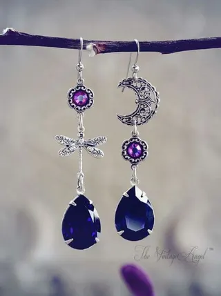 Vintage Boho Asymmetric Drop Earrings - Blue Teardrop & Purple Crystal, Dragonfly & Moon Design, Alloy Rhinestone Long Dangle Earrings (Pair)