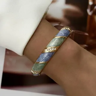 Vintage Drip Enamel Blue Gradient Wide Cuff Bracelet, 18K Gold Plated Alloy, French Luxury Ocean Blue Marble Pattern, 6cm