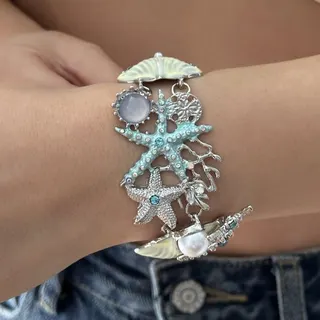 Oversized Sea Star Shell Coral Pearl Necklace, Light Blue Macaron Beach Vacation Style, Alloy Electroplated with Rhinestones & Imitation Pearls, 50+5cm Adjustable Long Chain