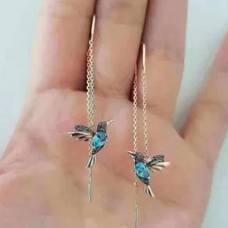 Blue Hummingbird Earrings for Women, Long Dangle Bird Earline with Rhinestone, Gold-Plated Alloy 3D Sculpted Small-Face-Flattering Earrings, 1 Pair