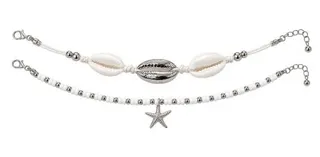 Ocean Shell Anklet Set 2pcs - Cowrie Shell & Starfish Beaded Anklet, Silver Alloy Rice Beads, Adjustable Beach Vacation Jewelry for Women