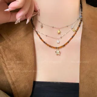 Layered Star Necklace - Amber Beaded & Alloy Star Pendant, Adjustable 50+5cm, Sweet-Cool Chic Clavicle Chain for Women