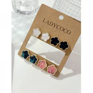 LADYCOCO Vintage Four-Petal Flower Stud Earrings, 18K Gold Plated Alloy Enamel, 1.5cm Sweet Multi-Color Set
