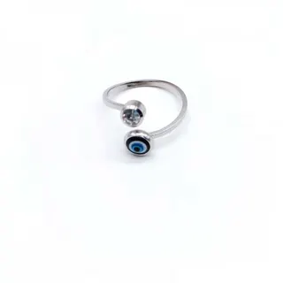 Evil Eye Ring for Women, Adjustable Open Band Stainless Steel Blue Nazar Bezel Ring, Boho Statement Finger Ring, Tarnish Free Hypoallergenic
