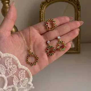 Luxury Color Gemstone Jewelry Set - Gold Plated Circle Hoop Necklace, Earrings & Ring Set with Orange Green Pink Zircon, Bridal Party Gift
