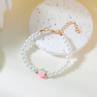 Strawberry Pearl Bracelet for Women - Cute Fake Pearl Beaded Charm Bracelet with Adjustable Gold Clasp & Extender Chain, Sweet Gift for Girls