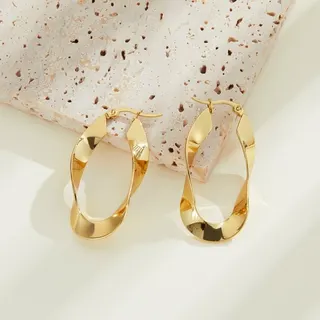 Gold Twist Hoop Earrings - Stainless Steel 18K Gold Plated, Irregular Geometric Drop Hoops, Hypoallergenic Tarnish-Free, 2.5x4.2cm