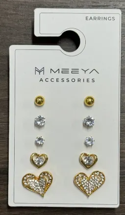 MEEYA Heart Shaped Zircon Earrings Set 5 Pairs, Gold Tone Copper with Cubic Zirconia, French Chic Hollow Stud Earrings for Women, Gift Ready