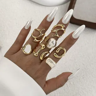 Vintage Geometric Pearl Ring Set of 7 - Gold Open Stackable Rings with Mother of Pearl Inlay, Fashion Statement Jewelry for Women