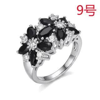 Geometric Color-Block Zircon Ring for Women, White Gold Plated Copper Setting, Black & Clear Marquise Flower Cluster Wide Band, Size 7, Luxury Vintage Statement Ring