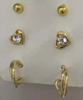 18K Gold Plated Alloy Earrings Set - Heart Zircon Studs + Round Bead Studs + Crescent Hoops, 3 Pairs French Vintage Lightweight Jewelry for Women