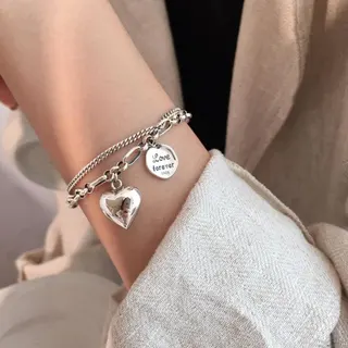 Double Layer Heart Charm Bracelet for Women, Silver Alloy Love Forever Disc & Mirror Heart Pendant, Adjustable 16-26cm, Elegant Gift Jewelry