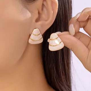 Stainless Steel Drip Enamel Triangle Earrings, Peach Pink Geometric Studs with 18K Gold Plated Lines, Hypoallergenic Tarnish-Free Sweet Minimalist Jewelry