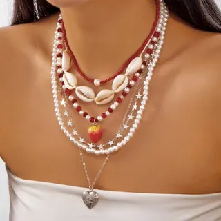 Sweet Girl Multi-Layer Pearl Necklace Pink Strawberry Bow Star Charm Resin 18K Gold Plated Korean Cute Layered Choker 37+8cm