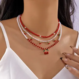 Cherry Beaded Necklace Set, Multi-Layer Red & White Seed Bead Necklace with Cherry Charm, Sweet Vintage Layered Necklace for Women