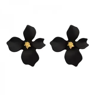 Black Flower Stud Earrings - Alloy Matte 5-Petal Design with Gold Rhinestone Center, 2.6x3cm, Pair, Elegant Everyday Jewelry
