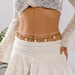 Boho Beach Waist Chain for Women - Double Layer Shell Starfish Conch Beaded Belly Chain, Gold Alloy & Acrylic Ocean Charm Belt, 70+20cm Summer Vacation Accessory