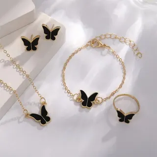 Butterfly Jewelry Set for Women - Black Enamel & 18K Gold Plated Alloy Necklace Bracelet Earrings Ring 4-Piece Set, Elegant French Vintage Gift