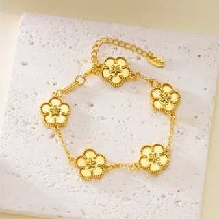 Plum Blossom Double-Sided Bracelet for Women, 18K Gold Plated Alloy, 5-Flower Chain with 18cm+5cm Adjustable Extender, Delicate 6g