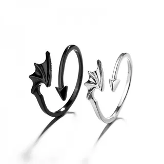Angel & Devil Couple Ring, Adjustable Open Band with Wing & Arrow Design, White Gold Plated Alloy, Matching Pair for Him & Her