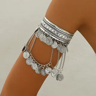 Boho Feather Dangle Tassel Arm Cuff Bracelet, White Gold Alloy Multi-Layer Wide Bangle with Leaf Charm Drops, 8cm Open Cuff for Vacation & Festival Style