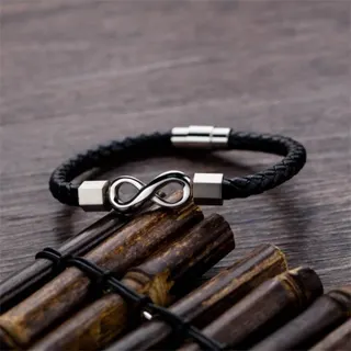 Infinity Symbol Bracelet for Men Women, Silver Alloy with Black Braided Leather Cord, Magnetic Clasp Open Cuff, Minimalist Unisex Jewelry Gift