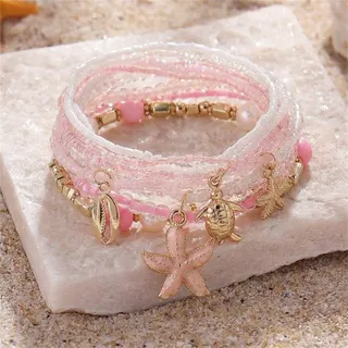 Ocean Style Multi-Strand Beaded Bracelet Set with Starfish Sea Turtle Shell Pearl Charms, 18K Gold Plated Alloy, Beach Vacation Boho Jewelry for Women, 18cm