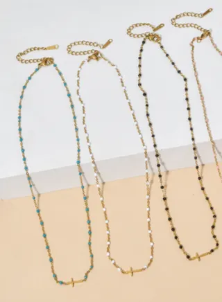Stainless Steel Beaded Necklace Women 18K Gold Plated Minimalist Long Chain Multi-Color Micro Beads 45+5cm Adjustable Hypoallergenic Pendant Necklace