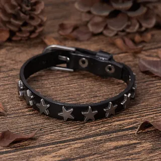 Punk Star Studded Leather Bracelet for Men & Women, 1cm Wide Black Adjustable Bangle with Vintage Silver Buckle, Rock Street Style Cuff 17-21cm