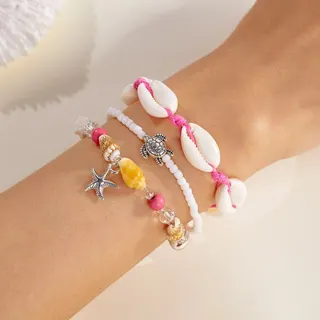 Ocean Shell Bracelet Set of 3 - Cowrie Shell, Starfish & Sea Turtle Beaded Bracelets, Boho Summer Beach Jewelry for Women, Blue Woven Rope with Natural Shells, 18cm