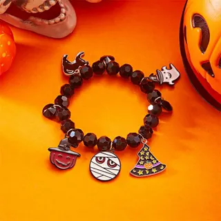 Halloween Cartoon Crystal Beaded Bracelet - Pumpkin Witch Ghost Bat Charms, Orange Black Elastic Stretch Wristband, Holiday Party Photo Accessory, Alloy + Crystal, ~18cm