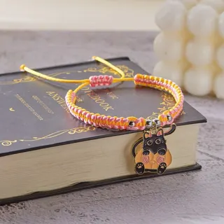 Halloween Cat Woven Bracelet, Adjustable Pink Yellow Braided Rope with Alloy Black Cat Rose Charm, Cute Handmade Beaded Bracelet for Women Girls