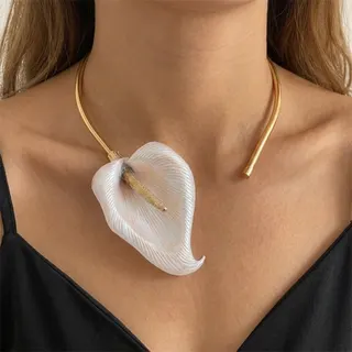Calla Lily Flower Necklace Women, White Calla Lily Pendant with Gold Open Cuff Choker, Statement Collarbone Chain, Elegant Designer Jewelry
