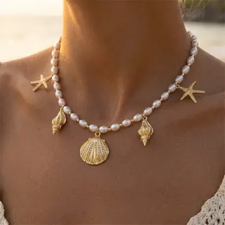 Gold Starfish & Shell Pearl Necklace - 18K Gold Plated Alloy with Imitation Pearl Beads, French Vintage Ocean Boho Choker Pendant Necklace, Adjustable 38+5cm