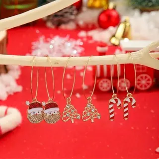 Christmas Earrings Set of 3 Pairs - Gold Alloy Snowman Christmas Tree Candy Cane Dangle Hoop Earrings with Rhinestones, Holiday Party Jewelry Gift