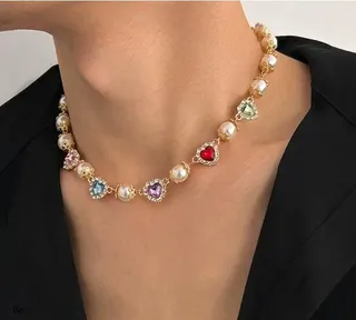 Luxury Pearl & Color Zircon Heart Necklace, 18K Gold Plated Adjustable Clavicle Chain for Women, Multi-Color Rhinestone Beaded Collar Necklace