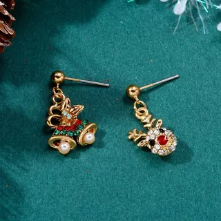 Christmas Reindeer Bell Asymmetric Earrings, Rhinestone & Faux Pearl Drop Earrings, 18K Gold Plated Alloy, Holiday Party Jewelry for Women (Pair)