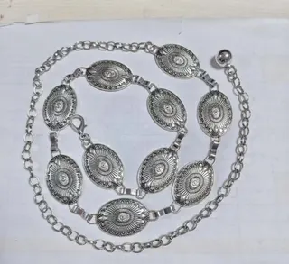 Vintage Oval Floral Waist Chain, Silver Alloy Belt Chain 120cm, Bohemian Metal Body Chain with Lobster Clasp for Dress Party Stage