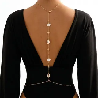 Gold Shell & Starfish Body Chain Back Belt, Alloy 18K Gold Plated, Boho Beach Swimsuit Waist Chain, ~80cm Deep V Back Decorative Jewelry