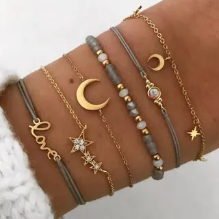 6 Pcs Bracelet Set Gold Plated Moon Star Love Letter Natural Stone Beaded Rhinestone Boho Stackable Bracelets Adjustable 17+5cm Gift for Women