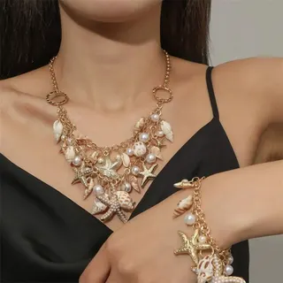 Boho Sea Star & Seashell Pearl Necklace - Natural Shell + 18K Gold Plated Alloy + Pearl, Multi-Layer Dangle Statement Collar Necklace, Adjustable 42+5cm, Beach Vacation Jewelry for Women